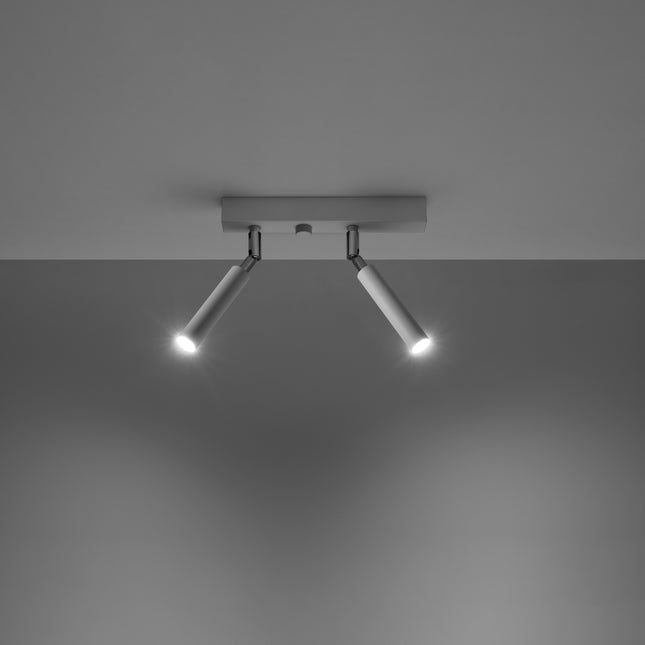 Plafonnier 2 spots acier blanc allume au plafond, faisceaux lumineux diriges vers le bas