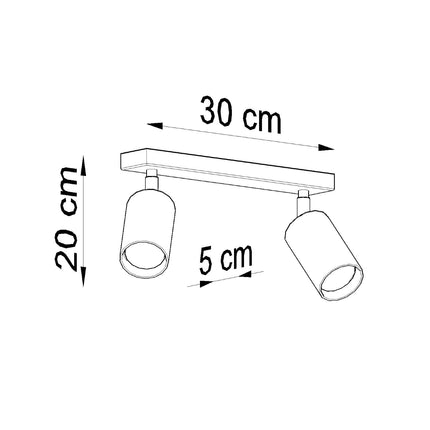Schéma des dimensions du plafonnier : 30 cm de long, 20 cm de haut et 5 cm de large
