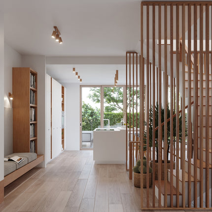 Plafonnier 2 spots en chêne éclairant un intérieur japandi