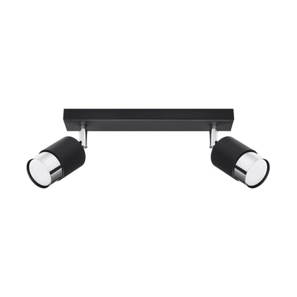 Plafonnier rail 2 spots Double Cylindre noir et chrome vu de face sur fond blanc