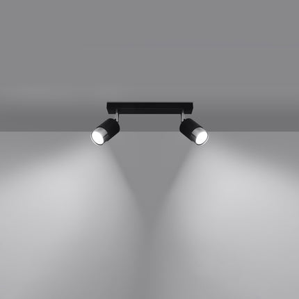 Vue de profil du plafonnier rail 2 spots Double Cylindre noir et chrome