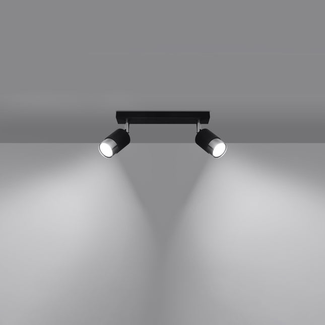Vue de profil du plafonnier rail 2 spots Double Cylindre noir et chrome