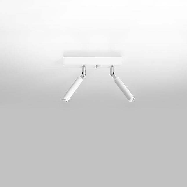 Plafonnier double en acier blanc, spots orientables inclines, vue de trois quarts