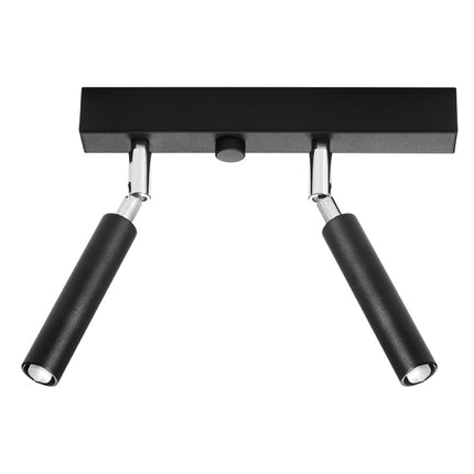 Plafonnier 2 spots orientables en acier noir mat vu de face, spots cylindriques minimalistes