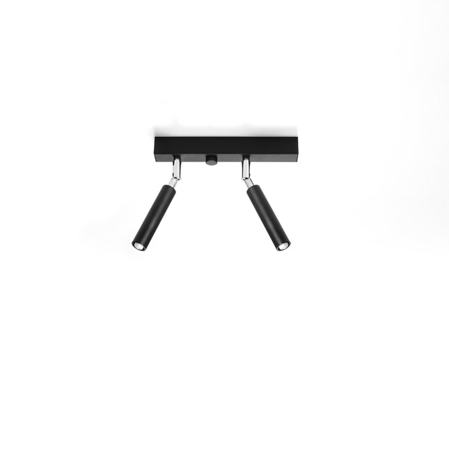 Plafonnier 2 spots acier noir vu de trois quarts, barre rectangulaire et rotules chromees