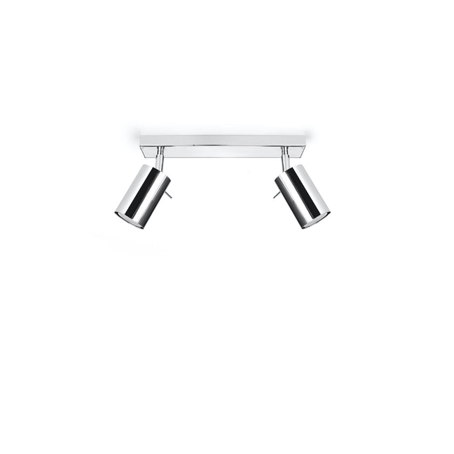Plafonnier barre à 2 spots cylindriques orientables en acier chromé brillant, fond blanc