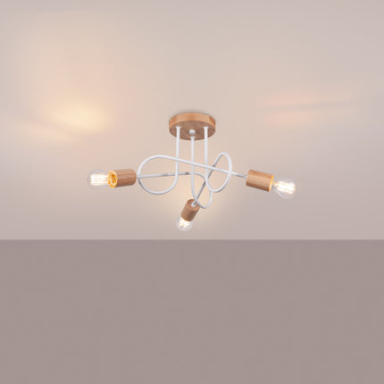 plafonnier 3 bras bouclés en bois et métal blanc, lumière allumée