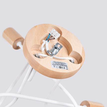 plafonnier 3 bras bouclés en bois et métal blanc, vue de détail