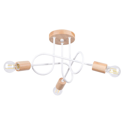 plafonnier 3 bras bouclés en bois et métal blanc, packshot sur fond blanc