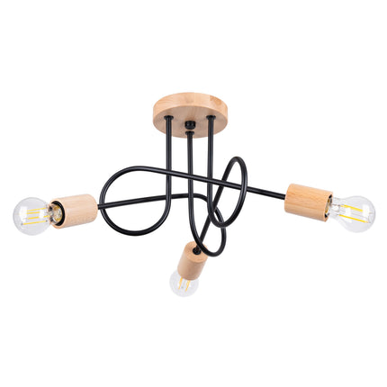 plafonnier 3 bras bouclés en bois et métal noir, packshot sur fond blanc