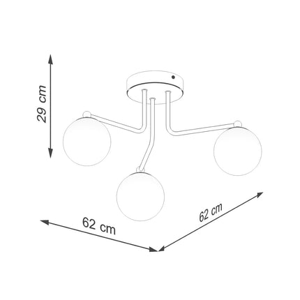 plafonnier 3 globes opale sur bras blanc, schéma de cotes
