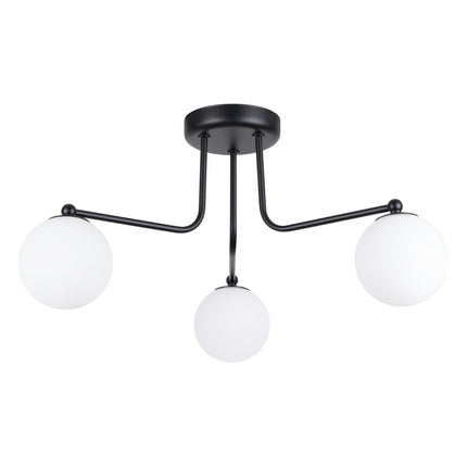 plafonnier 3 globes opale sur bras noir, packshot sur fond blanc