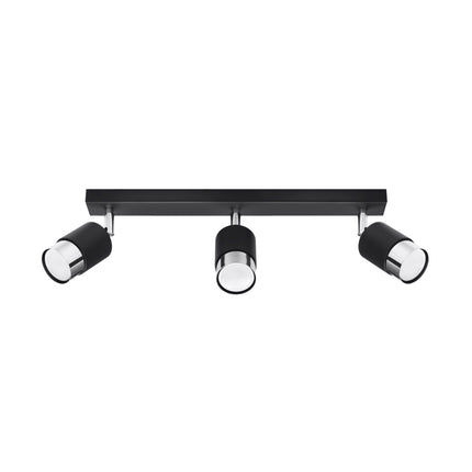 Plafonnier rail 3 spots Double Cylindre noir et chrome vu de face sur fond blanc