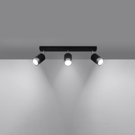 Vue de profil du plafonnier rail 3 spots Double Cylindre noir et chrome