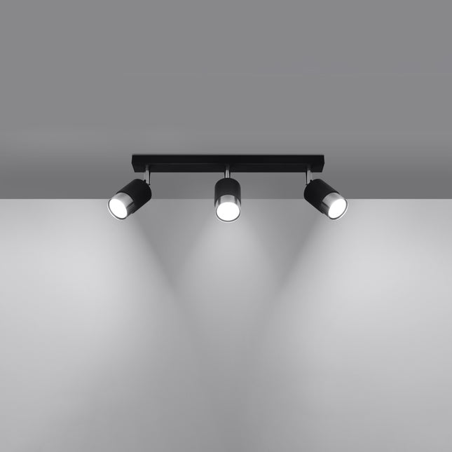 Vue de profil du plafonnier rail 3 spots Double Cylindre noir et chrome
