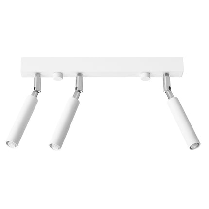 Plafón 3 focos orientables de acero blanco sobre barra, rótulas cromadas, vista de producto sobre fondo claro
