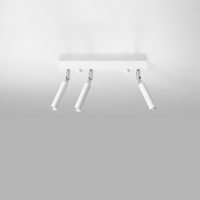Plafonnier 3 spots orientables en acier blanc monté au plafond, tubes fins et rotules chromées