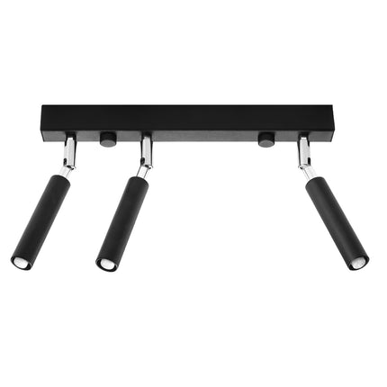 Plafonnier acier noir à 3 spots orientables, vue de trois quarts, articulations chromées