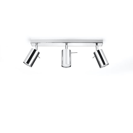 Plafonnier barre à 3 spots cylindriques orientables en acier chromé brillant, fond blanc