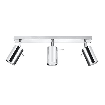 Plafonnier barre chromé à 3 spots vu de profil, têtes cylindriques orientées, fond blanc