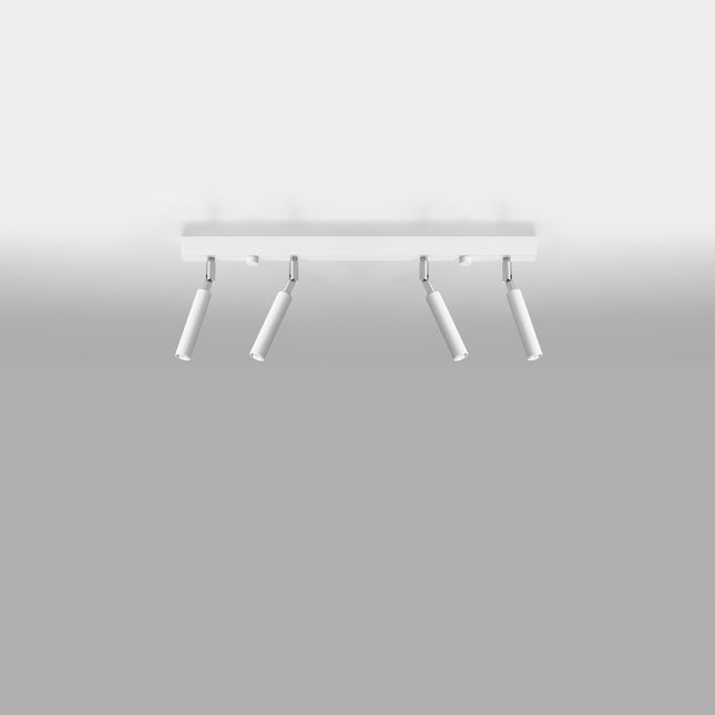 Plafonnier 4 spots acier blanc vu de trois quarts, spots tubulaires inclinables