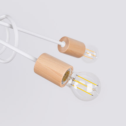 plafonnier 5 bras bouclés en bois et métal blanc, détail de la fixation