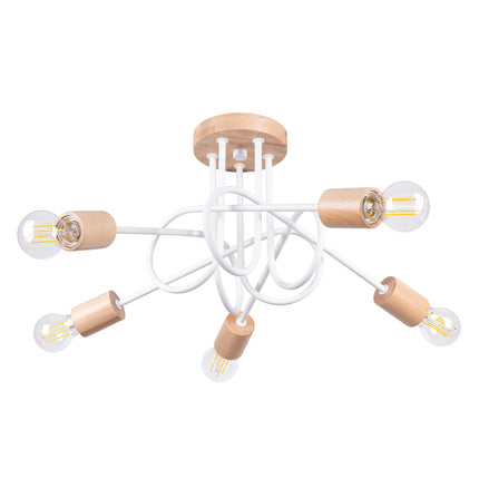plafonnier 5 bras bouclés en bois et métal blanc, packshot sur fond blanc