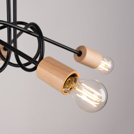 plafonnier 5 bras bouclés en bois et métal noir, détail de la fixation