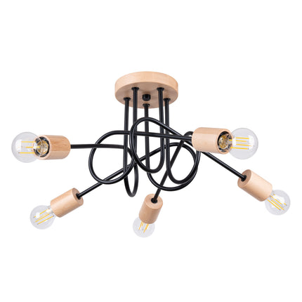 plafonnier 5 bras bouclés en bois et métal noir, packshot sur fond blanc