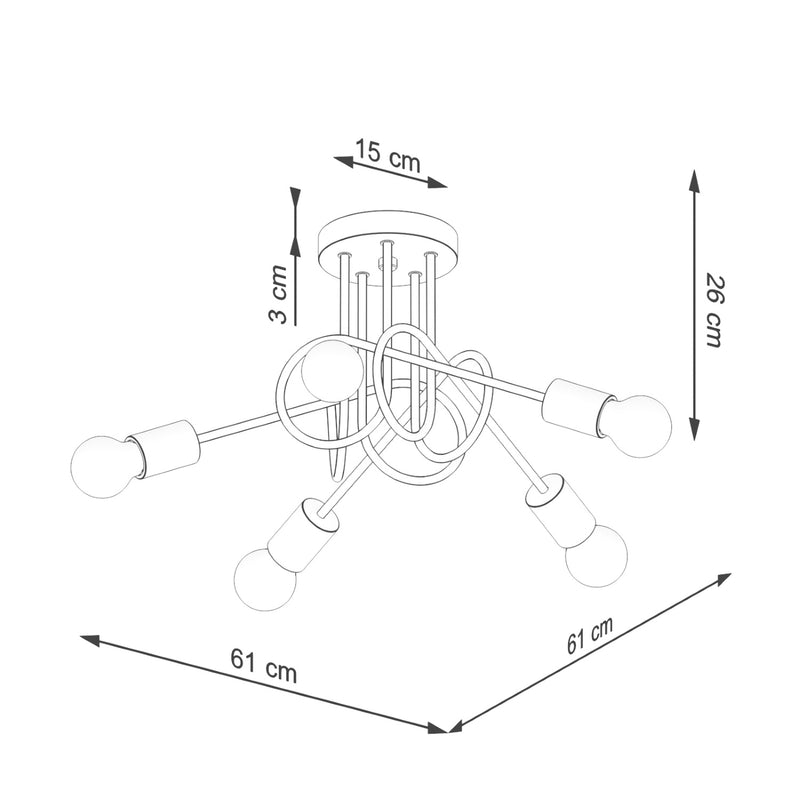Dimensions Plafonnier 5 Bras Bouclés en Bois et Métal Noir
