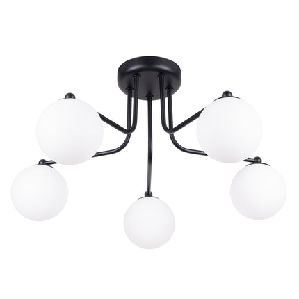 plafonnier 5 globes opale sur bras noir, packshot sur fond blanc