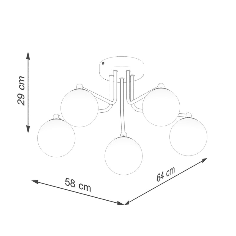 Dimensions Plafonnier 5 Globes Opale sur Bras Noir