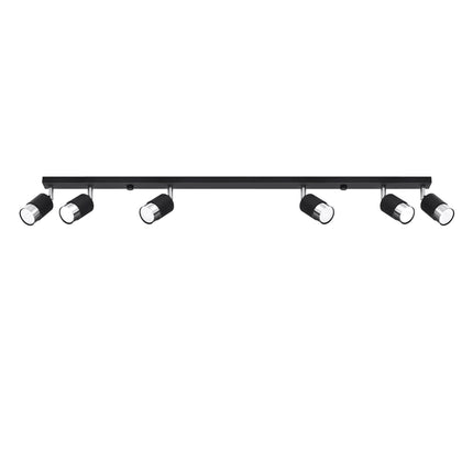 Plafonnier rail 6 spots Double Cylindre noir et chrome vu de face sur fond blanc