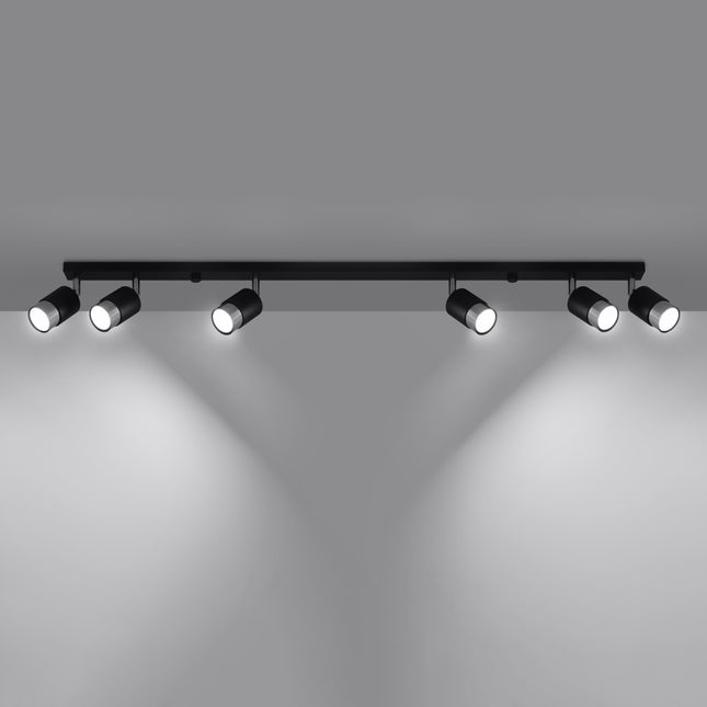 Vue de profil du plafonnier rail 6 spots Double Cylindre noir et chrome