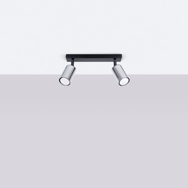 Plafonnier Acier Luxe 2 Barre Noir/Chrome allumé, ampoules visibles
