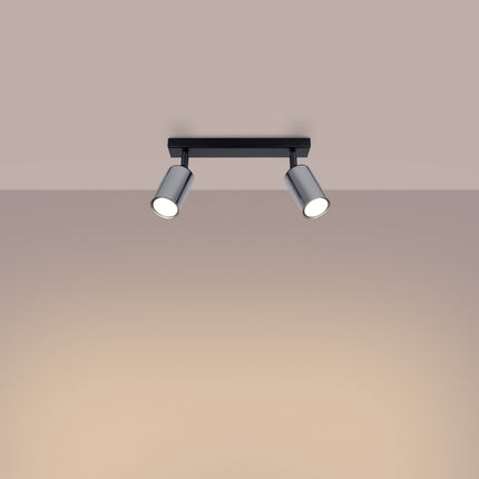 Plafonnier Acier Luxe 2 Barre Noir/Chrome, vue d'angle des spots orientés