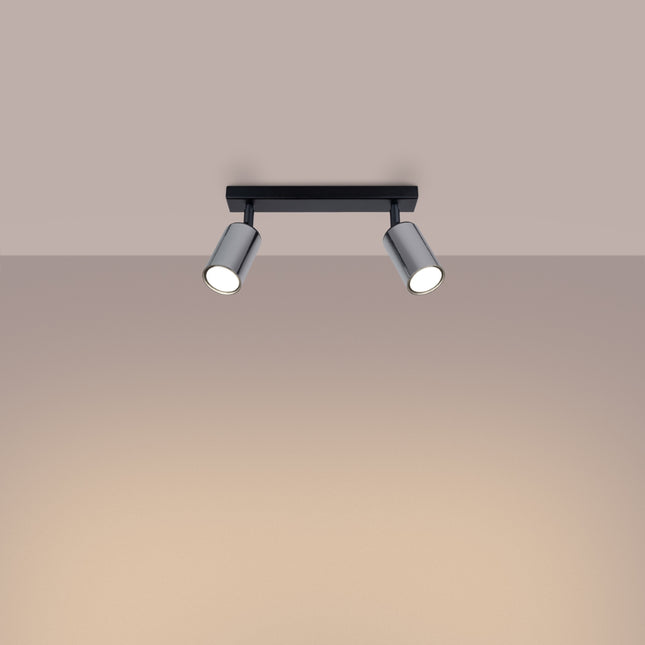 Plafonnier Acier Luxe 2 Barre Noir/Chrome, vue d'angle des spots orientés