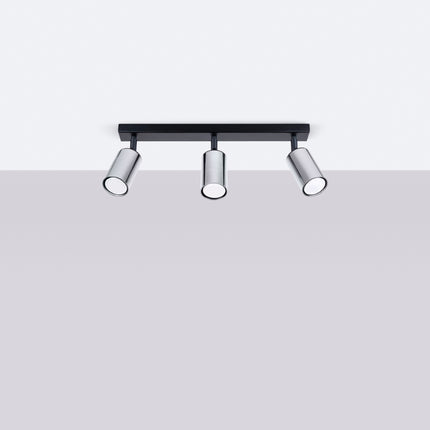 Plafonnier Acier Luxe 3 Barre Noir/Chrome allumé, ampoules visibles