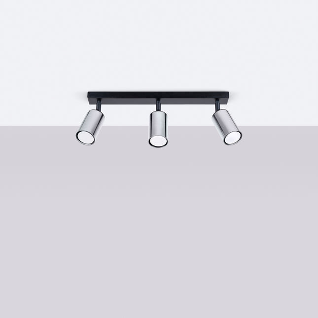 Plafonnier Acier Luxe 3 Barre Noir/Chrome allumé, ampoules visibles
