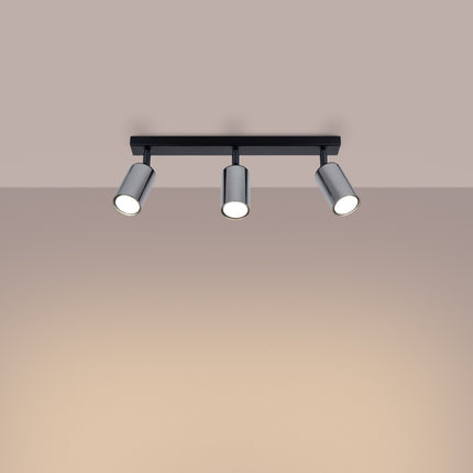Plafonnier Acier Luxe 3 Barre Noir/Chrome, vue d'angle des spots orientés