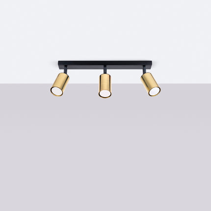 Plafonnier Acier Luxe 3 Barre Noir/Cuivre allumé, ampoules visibles