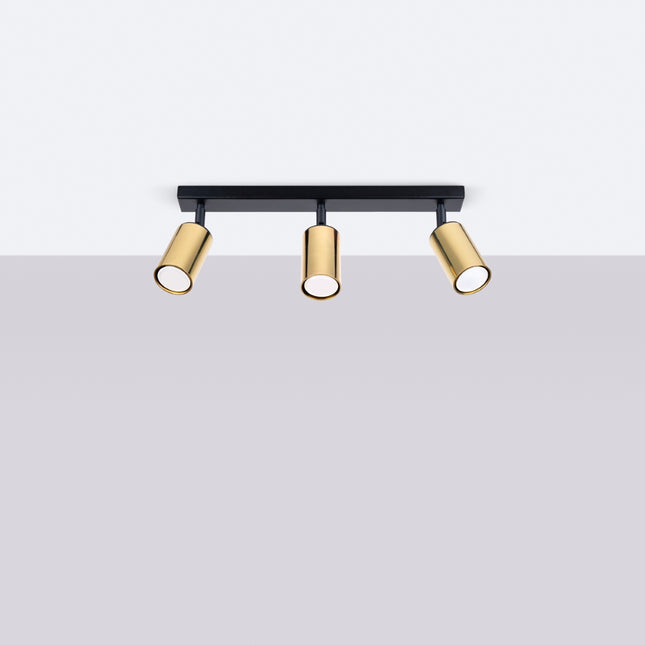 Plafonnier Acier Luxe 3 Barre Noir/Cuivre allumé, ampoules visibles
