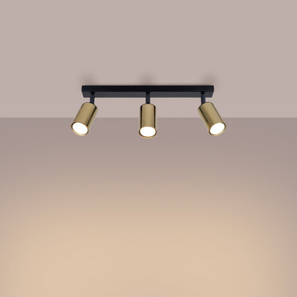 Plafonnier Acier Luxe 3 Barre Noir/Cuivre, vue d'angle des spots orientés