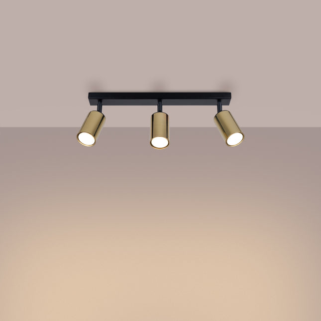 Plafonnier Acier Luxe 3 Barre Noir/Cuivre, vue d'angle des spots orientés