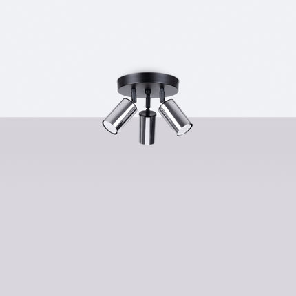 Plafonnier Acier Luxe 3 Rond Noir/Chrome allumé, ampoules visibles