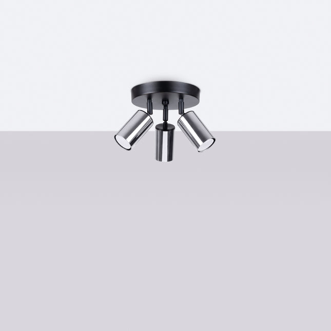 Plafonnier Acier Luxe 3 Rond Noir/Chrome allumé, ampoules visibles