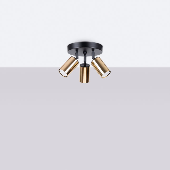 Plafonnier Acier Luxe 3 Rond Noir/Doré allumé, ampoules visibles