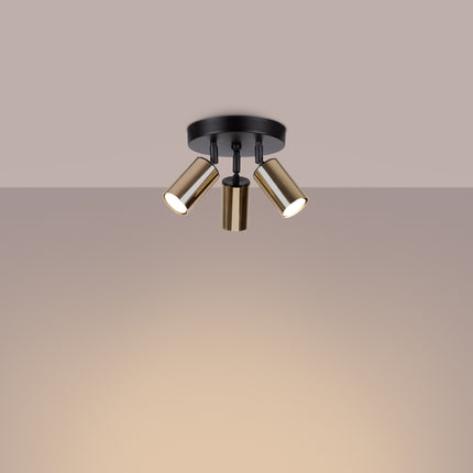 Plafonnier Acier Luxe 3 Rond Noir/Doré, vue d'angle des spots orientés