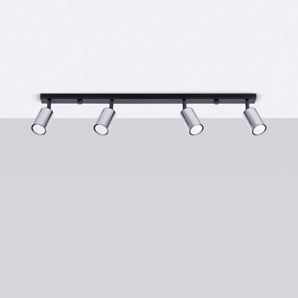 Plafonnier Acier Luxe 4 Barre Noir/Chrome allumé, ampoules visibles