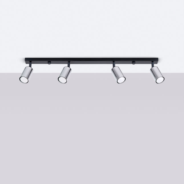 Plafonnier Acier Luxe 4 Barre Noir/Chrome allumé, ampoules visibles